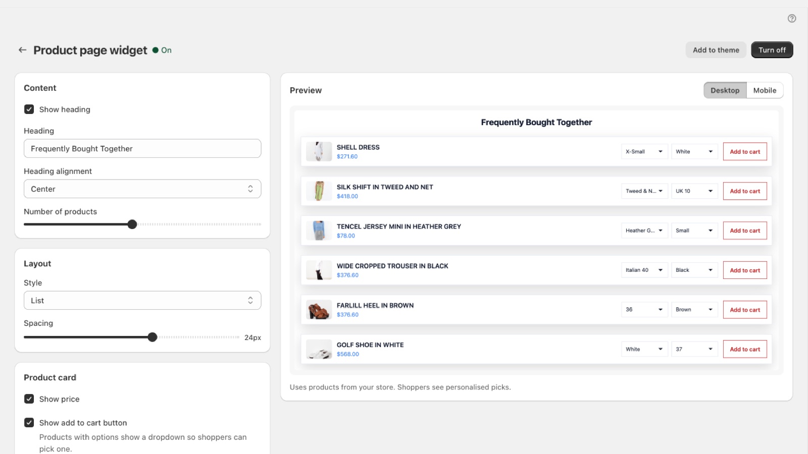 Your design: Heading, layout and card style, with a live preview.